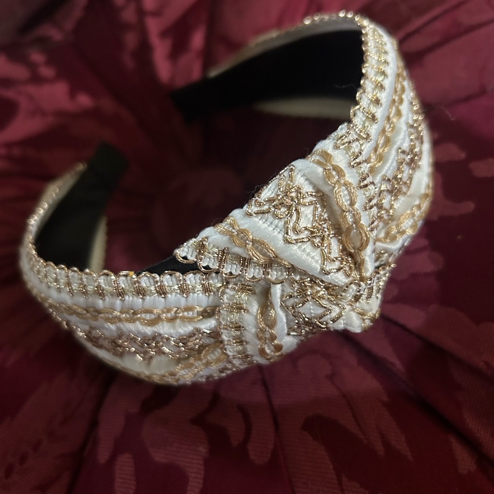 Cream and Gold Embroidered Twist Knot Headband
